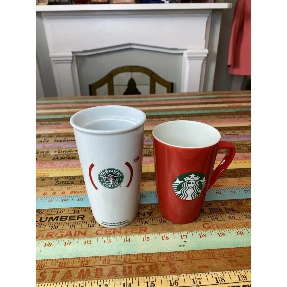 Lot Of 2 Starbucks Coffee Yea Mugs Logo 2020 Red 12 Oz 2010 Travel No Lid